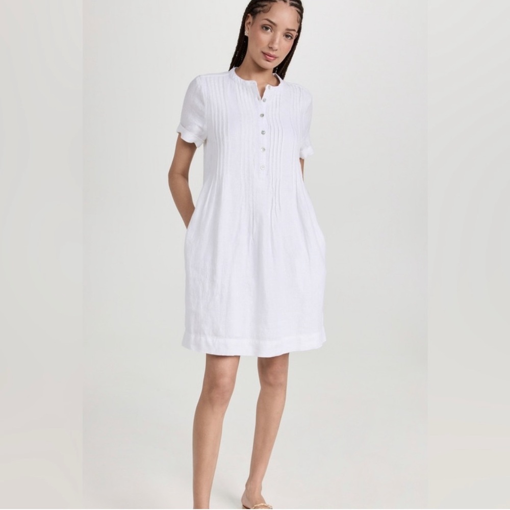 Faherty White Short-Sleeve Pintuck Linen Dress